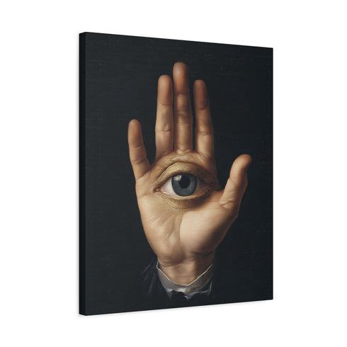 A high-contrast matte canvas print featuring a surrealist artwork. Centered against a dark, textured charcoal background, a realistic, pale hand is held up, palm forward. Embedded in the center of the palm is a detailed, light blue human eye, looking directly at the viewer. The hand emerges from a formal, dark suit cuff with a white ruffled sleeve, adding a touch of vintage, academic style. The overall mood is mysterious, gothic, and scholarly, suitable for dark academia or maximalist decor.
